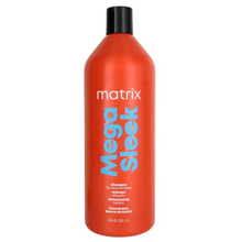 Load image into Gallery viewer, Mega Sleek Shampoo with smoothing shea butter helps control rebellious, unruly hair and manages frizz against humidity for smoothness. Hair is smooth, shiny and defrizzed.