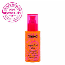 Load image into Gallery viewer, Superfruit Star Lightweight Styling Oil new multitasking hair hero is clinically proven to make hair 7x stronger, 2x smoother + with 86% less breakage.* Infused with amika's signature superfruit and sea buckthorn.