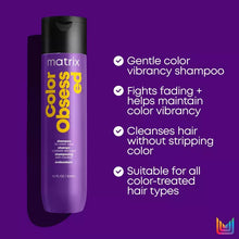 Load image into Gallery viewer, Matrix Color Obsessed Shampoo for color care. Gently cleanness away dulling residue as it renews moisture and helps strengthen porous hair, protects against fading, and extends the life of color vibrancy. This clarifying shampoo also refreshes root lift and volumizes hair.