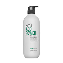 Load image into Gallery viewer, KMS Add Power Shampoo is a lightweight shampoo that prepares fine hair for the rigors of styling. The formula is enriched with rice protein, to strengthen hair from within and improve resilience for more versatile styling, and organic white tea extract, an anti-oxidant, which also improves hair strength and shine.