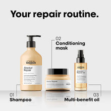 Load image into Gallery viewer, L'Oreal Professional Absolut Repair Mask A deeply hydrating protein hair mask that can be used as a pre- or post-wash treatment, to strengthen, soften, and add shine to dry, damaged hair. Hair Texture: Straight, Wavy, Curly, and Coily Hair Type: Medium and Thick Hair Concerns: - Dryness - Shine - Damage, Split Ends, and Breakage