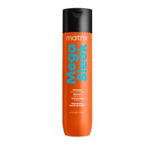 Load image into Gallery viewer, Matrix Mega Sleek Shampoo Cleanses to help control rebellious, unruly hair and manages frizz against humidity. Mega Sleek Shampoo with smoothing shea butter helps control rebellious, unruly hair and manages frizz against humidity for smoothness. Hair is smooth, shiny and defrizzed.