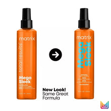 Load image into Gallery viewer, Matrix Mega Sleek Iron Smoother Defrizzing Leave-In Conditioner Spray Mega Sleek Iron Smoother Defrizzing Leave-In Conditioner Spray helps protect against heat damage up to 450 F and humidity for all day frizz control and smoothness. A professional product styling essential for a volumizing salon-perfect blowout.