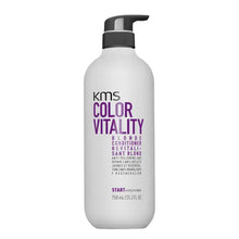 Load image into Gallery viewer, KMS COLOR VITALITY Blonde Conditioner illuminates blondes and fights yellowing of lightened, highlighted, natural blonde, grey, or white hair just after one use. Moisturizes and repairs damage. For all hair types.