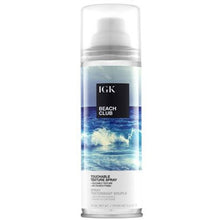 Load image into Gallery viewer, IGK Beach Club Volume Texture Spray breakthrough aerosol delivers that salty, windswept look in seconds without heaviness, stickiness or drying. Best for straight, curly, wavy, coiled and tightly coiled hair. IGK Beach Club’s fragrance features lush, vibrant notes of guava, coconut water, pink lotus, midnight violet, and vanilla. volume texture beach spray