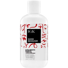 Load image into Gallery viewer, IGK Good Behavor Ultra Smooth Shampoo, Formulated with a rich blend of 7 smoothing oils that nourish and add shine, a Frizz-Blocking Barrier technology that helps stop frizz before it forms in the wet to dry stages, and Spirulina Protein, known to support hair health and add nourishment. Silicone-free, PEG-free and infused with smoothing agents to add shine and moisture without adding weight.