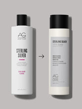 Load image into Gallery viewer, AG Sterling Silver toning shampoo is specially formulated to eliminate brassy, yellow tones from blonde and silver hair. With its unique violet base, this mild toning shampoo removes dullness and brassiness, leaving blonde and silver hair looking cleaner and brighter