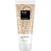 Load image into Gallery viewer, IGK Color Depositing Mask A La Plage - Color-depositing, conditioning hair mask that enhances color intensity, dimension and shine while providing hydration, softness and smoothness all in 1 formula. These signature shades offer sheer to intense coverage from natural to fun color hues. Formulated without gluten, parabens, sulfates and ammonia. Color lasts up to 10 washes, fading naturally with each wash.