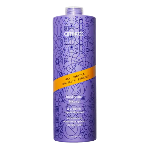 Amika Bust Your Brass Blonde Purple Shampoo A purple shampoo that neutralizes orange, brassy tones in blonde, gray, and silver hair for bright, cool-toned results. Hair Type: Straight, Wavy, Curly, and Coily Hair Texture: Fine, Medium, and Thick