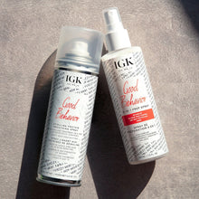 Load image into Gallery viewer, prep spray is the first step in any hair routine. It gently detangles, controls frizz for up to 24 hours, protects against heat and adds shine. Its weightless formula primes the hair for any styler—leaving it smooth, shiny and frizz-free. A multi-tasking, IGK Good Behavior hair prep spray that detangles, protects against heat, controls frizz, enhances shine. Great for straight, wavy, curly, and coily hair. It is safe for color-treated and fine, medium to thick, and coarse texture hair.
