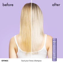 Load image into Gallery viewer, Amika Bust Your Brass Blonde Purple Shampoo A purple shampoo that neutralizes orange, brassy tones in blonde, gray, and silver hair for bright, cool-toned results. Hair Type: Straight, Wavy, Curly, and Coily Hair Texture: Fine, Medium, and Thick