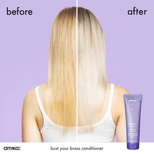 Load image into Gallery viewer, Amika Bust Your Brass Blonde Purple Conditioner A purple conditioner that neutralizes orange, brassy tones in blonde, gray, and silver hair for bright, cool-toned results. Hair Type: Straight, Wavy, Curly, and Coily Hair Texture: Fine, Medium, and Thick Hair Concerns: - Brassiness - Color Fading - Shine