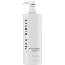 Load image into Gallery viewer, Liquid Keratin Infusing Deep De-Frizz Conditioner hydrates and conditions hair while it replenishing keratin protein, restoring strength, shine, and softness. Moisturizes as it protects hair from sun damage, leaving even frizzy hair silky smooth. Developed for all hair types and suitable for chemically treated hair. 

