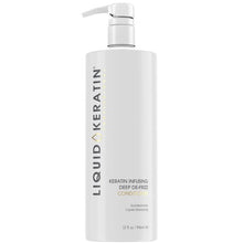 Load image into Gallery viewer, Liquid Keratin Infusing Deep De-Frizz Conditioner hydrates and conditions hair while it replenishing keratin protein, restoring strength, shine, and softness. Moisturizes as it protects hair from sun damage, leaving even frizzy hair silky smooth. Developed for all hair types and suitable for chemically treated hair.