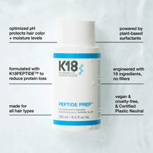 Load image into Gallery viewer, K18 PEPTIDE PREP™ pH Maintenance ShampooA color-safe shampoo micro-dosed with the patented K18PEPTIDE that thoroughly cleanses hair and scalp without stripping or drying to keep hair feeling strong, healthy, and clean.