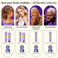 Load image into Gallery viewer, Amika Bust Your Brass Blonde Purple Shampoo A purple shampoo that neutralizes orange, brassy tones in blonde, gray, and silver hair for bright, cool-toned results. Hair Type: Straight, Wavy, Curly, and Coily Hair Texture: Fine, Medium, and Thick