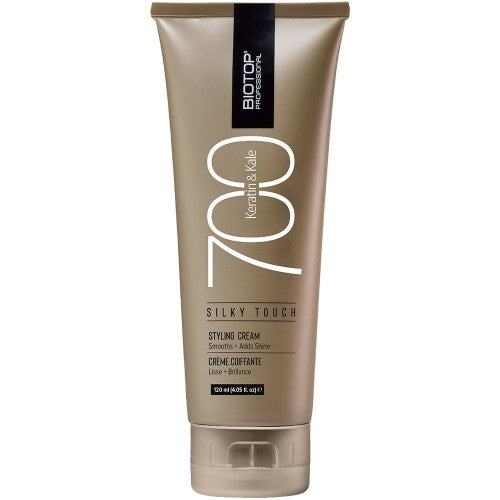 700 Keratin & Kale Silky Touch is a lightweight, styling cream-gel with a slight hold. This perfectly balanced styling aid hydrates and softens hair with the right amount of hold & control to help you easily achieve the perfect style. It seals the cuticle to protect against styling damage, while banishing frizz and flyaways and adding glossy shine.