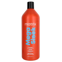 Load image into Gallery viewer, Mega Sleek Shampoo with smoothing shea butter helps control rebellious, unruly hair and manages frizz against humidity for smoothness.   Hair is smooth, shiny and defrizzed.
