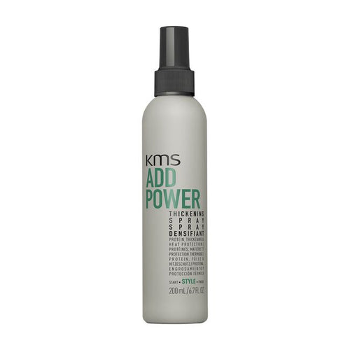 KMS Add Power Thickening Spray is a thermal protector with light hold that makes fine hair look and feel noticeably thicker.  Formulated with TRIFinity Technology and enriched with rice protein and organic white tea extract to protect, strengthen and thicken hair. Provides heat protection up to 390°F.