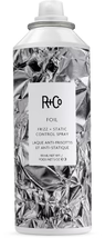 R+Co hair spray can with decorative design on a white background 
R+Co: FOIL Frizz + Static Control Spray