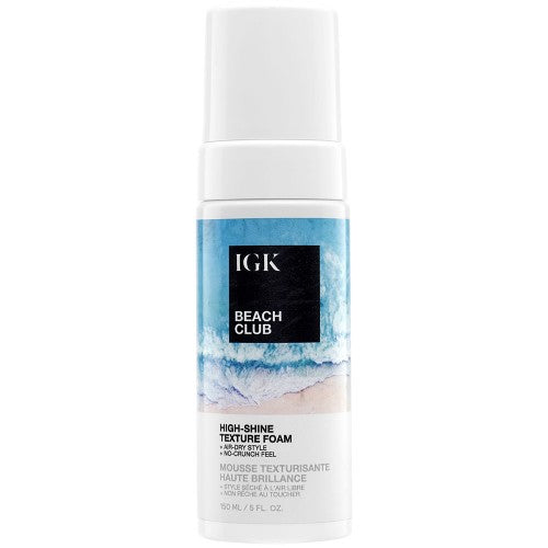 IGK's Beach Club High-Shine Texture Foam provides instant beach waves in a bottle. Air-dry texture foam gives effortless beach waves and high shine without heat styling. Lightweight, hydrating formula provides buildable hold to enhance natural texture without feeling crunchy or looking matte.