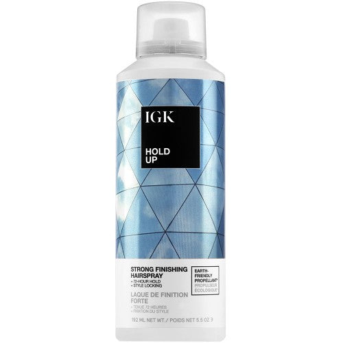 IGK's Hold Up Strong Finishing Hairspray was developed in the IGK salon. Provides 72 hours of hold and a high-shine, humidity-proof finish, without flaking. This next-generation formula features a new-age propellant that has 99.9% lower global warming potential compared to traditional aerosols.
