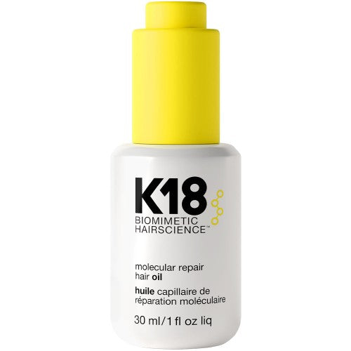 K18-Molecular-Repair-Hair-Oil This biotech-engineered weightless oil works on all hair types to strengthen, repair damage, reduce frizz at two levels of the hair fiber, and improve shine. Strengthening, smoothing hair oil works on two levels of the hair fiber to fight frizz. The K18PEPTIDE™ works to address deeper-level damage that causes frizz—repairing and strengthening damage at the innermost layer of hair to reverse damage that leads to frizz.
