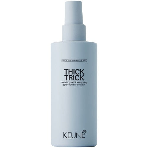 Experience the ultimate boost with Keune's plumping Thick Trick spray. This volumizing spray, crafted with Bond Fuser Technology, gives you thicker, fuller hair. It also offers heat protection up to 230°C/446°F, ensuring your hair stays healthy and strong while you style. Keune-Style-Thick-Trick