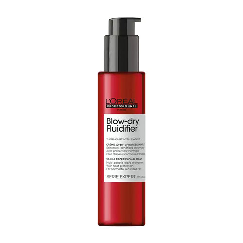L'Oreal Professional Serie Expert Blow Dry Fluidifier Cream 10-IN-1 professional multi-benefit leave in cream treatment with heat protection for normal to sensitized hair.