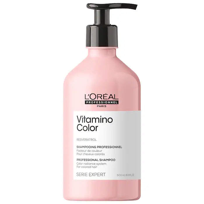 Loreal Professional Vitamino Color Shampoo Professional Hair Care Routine Enriched With Amino Acids And Filler-A100 For 38% Thicker, 66% Less Split Ends.  Highlights All Hair Textures Increases Shine Prevents Color Fading Good for: Dryness Good for: Color Care All Hair Type
