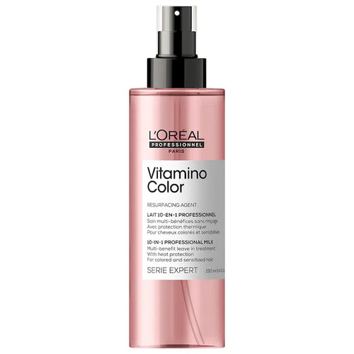 L'oreal Professional Vitamino Color Care 10-1 Leave-In Treatment  A leave-in conditioner spray that provides up to ten color-care benefits like detangling, enhancing vibrancy, smoothing, adding shine, and protecting against heat.