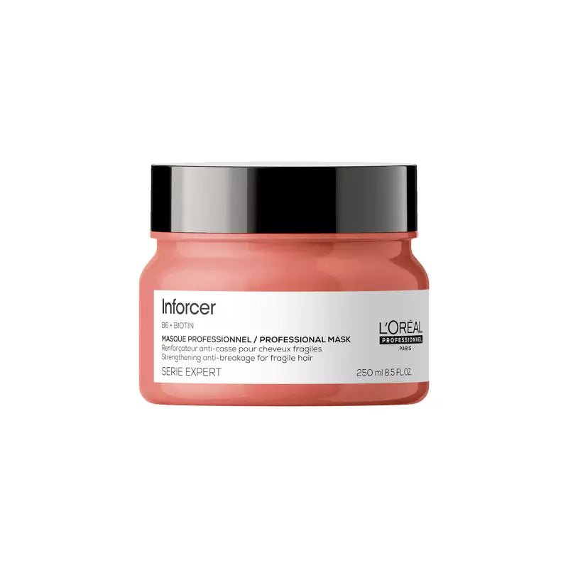 L'Oréal Professionnel: Inforcer Mask Strengthening anti-breakage mask.  Indulgent reinforcing formula infused with vitamin B6 and Biotin, for instant reduced breakage action and intense conditioning. Hair is more resistant and stronger with continued use.