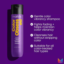 Load image into Gallery viewer, Matrix Color Obsessed Shampoo for color care. Gently cleanness away dulling residue as it renews moisture and helps strengthen porous hair, protects against fading, and extends the life of color vibrancy. This clarifying shampoo also refreshes root lift and volumizes hair.
