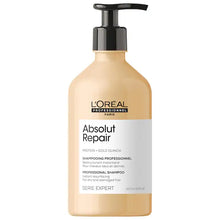 Load image into Gallery viewer, Loreal Professional Absolut Repair Shampoo A moisturizing shampoo formulated with quinoa and proteins that gently cleanses, deeply nourishes, and strengthens dry hair.  Hair Texture: Straight, Wavy, Curly, and Coily  Hair Type: Medium and Thick  Hair Concerns: - Dryness - Shine - Damage, Split Ends, and Breakage
