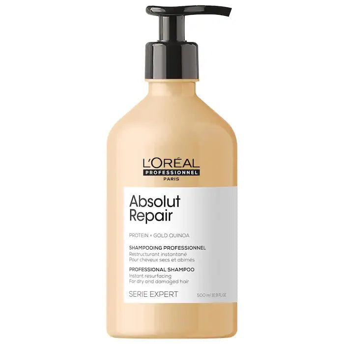 Loreal Professional Absolut Repair Shampoo A moisturizing shampoo formulated with quinoa and proteins that gently cleanses, deeply nourishes, and strengthens dry hair.  Hair Texture: Straight, Wavy, Curly, and Coily  Hair Type: Medium and Thick  Hair Concerns: - Dryness - Shine - Damage, Split Ends, and Breakage