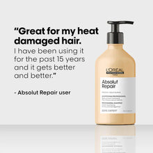 Load image into Gallery viewer, Loreal Professional Absolut Repair Shampoo A moisturizing shampoo formulated with quinoa and proteins that gently cleanses, deeply nourishes, and strengthens dry hair. Hair Texture: Straight, Wavy, Curly, and Coily Hair Type: Medium and Thick Hair Concerns: - Dryness - Shine - Damage, Split Ends, and Breakage

