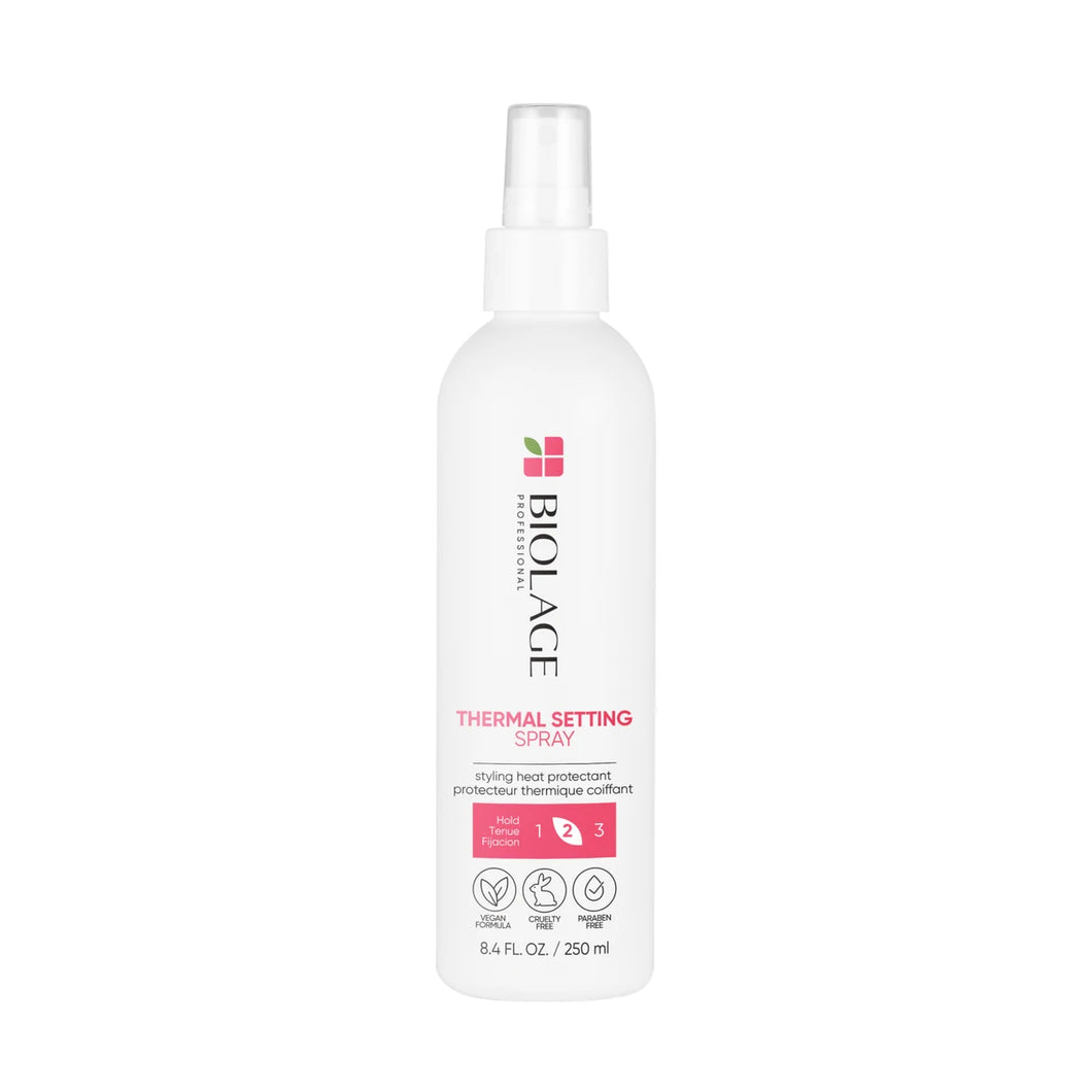 Biolage Non-aerosol, thermal styling, protection spray. Protects hair against heat styling while adding body and volume for long-lasting control. Blue agave nectar thrives in harsh conditions by retaining moisture and nourishment.