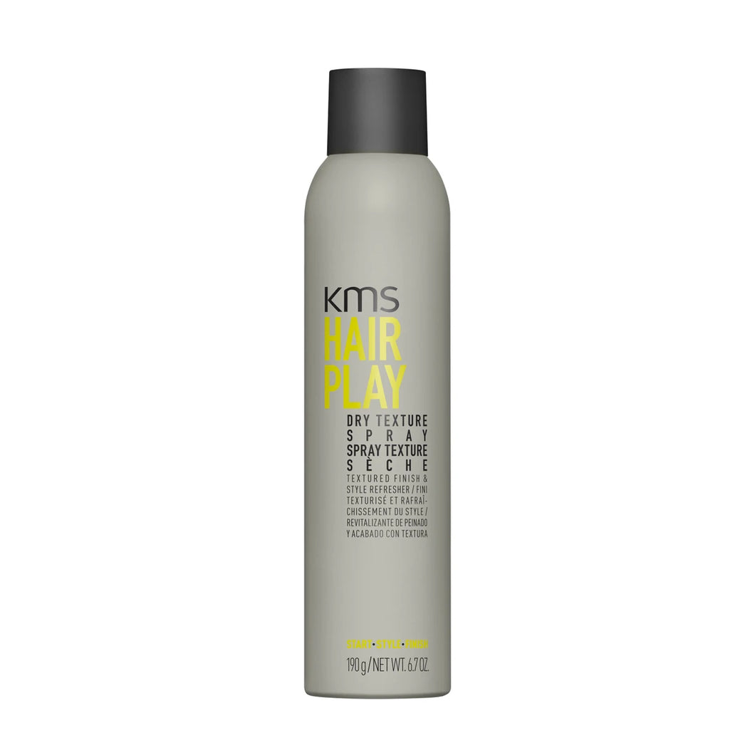 KMS Hairplay Dry Texture Spray provides great texture and airy volume. Formulated with naturally derived Silica it helps to absorb oil at the roots while creating a textured finish. This spray is a great alternative to a dry shampoo while allowing for quick and easy reshaping of your style at any time. It also contains Peppermint and Grape Seed Oil to provide antioxidants and a high content of Vitamin E to keep moisture in the hair.