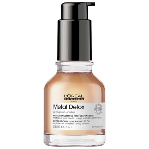 L'Oreal Professional Metal Detox Strengthening Hair Oil A lightweight hair oil with exclusive technology that acts as a barrier against harmful metals found in water to strengthen hair, add shine, reduce frizz, and provide color protection.