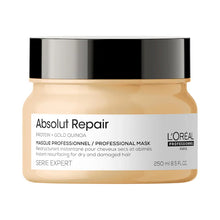 Load image into Gallery viewer, L&#39;Oreal Professional Absolut Repair Mask A deeply hydrating protein hair mask that can be used as a pre- or post-wash treatment, to strengthen, soften, and add shine to dry, damaged hair.  Hair Texture: Straight, Wavy, Curly, and Coily  Hair Type: Medium and Thick  Hair Concerns: - Dryness - Shine - Damage, Split Ends, and Breakage

