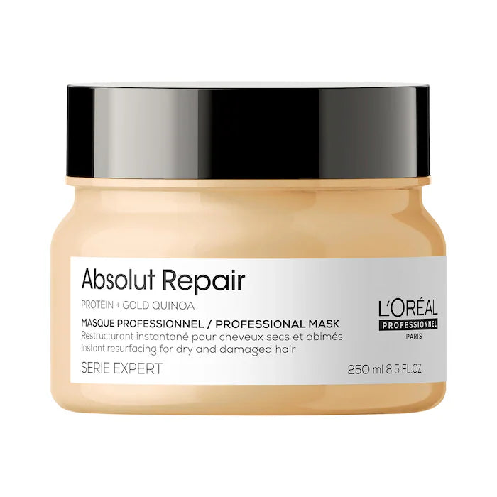 L'Oreal Professional Absolut Repair Mask A deeply hydrating protein hair mask that can be used as a pre- or post-wash treatment, to strengthen, soften, and add shine to dry, damaged hair.  Hair Texture: Straight, Wavy, Curly, and Coily  Hair Type: Medium and Thick  Hair Concerns: - Dryness - Shine - Damage, Split Ends, and Breakage