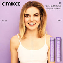 Load image into Gallery viewer, amika 3D volume and thickening conditioner A weightless conditioner that plumps from root to tip with a patented blend of ingredients designed to stimulate hair follicle regeneration. Hair Type: Straight, Wavy, Curly, and Coily Hair Texture: Fine Hair Concerns: Dryness, Frizz, and Heat Protection
