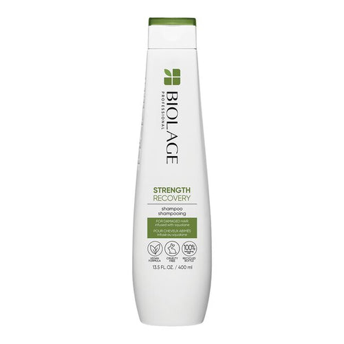 Biolage Strength Recovery Shampoo infused with vegan squalane is a gentle cleansing shampoo for damaged hair that helps reduce breakage and leaves hair softer and smoother.