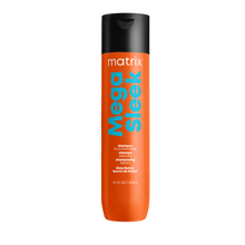 Load image into Gallery viewer, Matrix Mega Sleek Shampoo Cleanses to help control rebellious, unruly hair and manages frizz against humidity.  Mega Sleek Shampoo with smoothing shea butter helps control rebellious, unruly hair and manages frizz against humidity for smoothness.   Hair is smooth, shiny and defrizzed.
