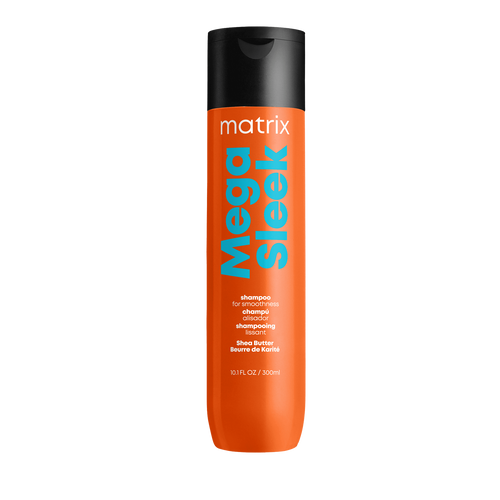 Matrix Mega Sleek Shampoo Cleanses to help control rebellious, unruly hair and manages frizz against humidity.  Mega Sleek Shampoo with smoothing shea butter helps control rebellious, unruly hair and manages frizz against humidity for smoothness.   Hair is smooth, shiny and defrizzed.