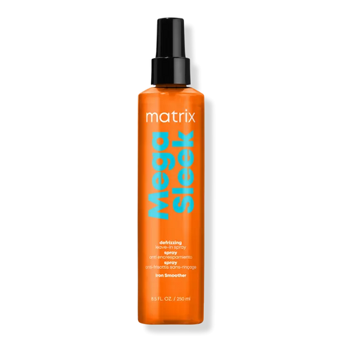 Matrix Mega Sleek Iron Smoother Defrizzing Leave-In Conditioner Spray Mega Sleek Iron Smoother Defrizzing Leave-In Conditioner Spray helps protect against heat damage up to 450 F and humidity for all day frizz control and smoothness. A professional product styling essential for a volumizing salon-perfect blowout.