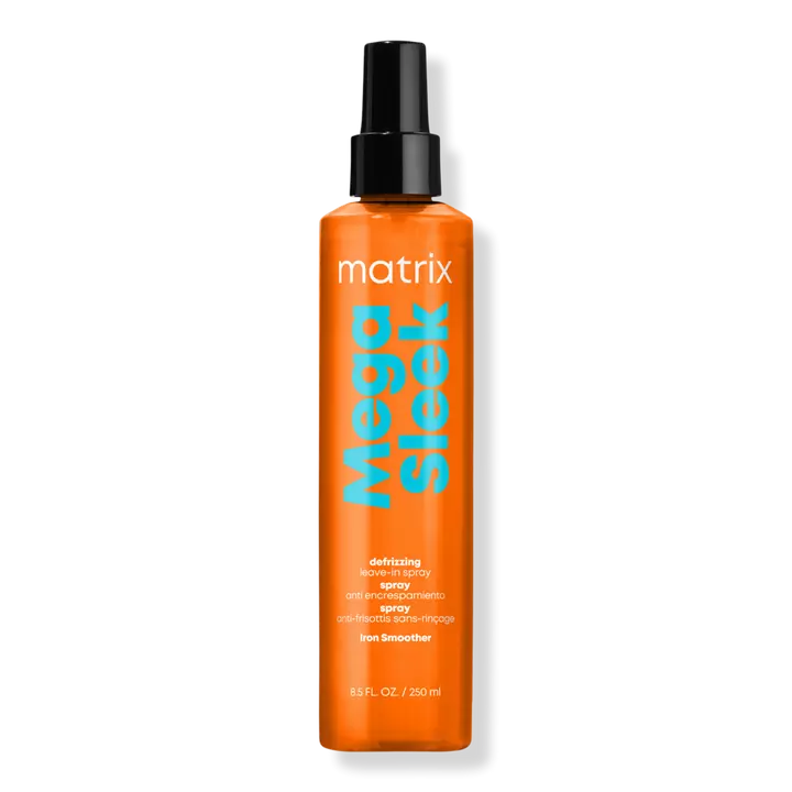 Matrix Mega Sleek Iron Smoother Defrizzing Leave-In Conditioner Spray Mega Sleek Iron Smoother Defrizzing Leave-In Conditioner Spray helps protect against heat damage up to 450 F and humidity for all day frizz control and smoothness. A professional product styling essential for a volumizing salon-perfect blowout.