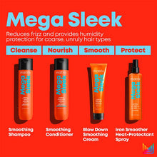 Load image into Gallery viewer, Matrix Mega Sleek Shampoo Cleanses to help control rebellious, unruly hair and manages frizz against humidity. Mega Sleek Shampoo with smoothing shea butter helps control rebellious, unruly hair and manages frizz against humidity for smoothness. Hair is smooth, shiny and defrizzed
