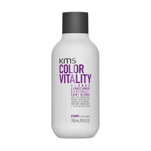 KMS COLOR VITALITY Blonde Conditioner illuminates blondes and fights yellowing of lightened, highlighted, natural blonde, grey, or white hair just after one use. Moisturizes and repairs damage. For all hair types.