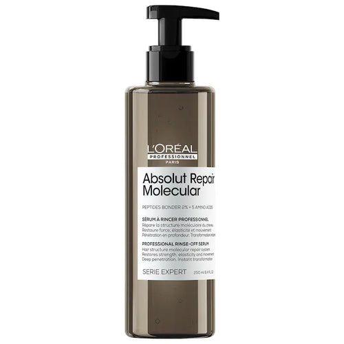 L'Oreal Professional Absolut Repair Molecular Rinse-Off Serum for Very Damaged Hair A concentrated rinse-off serum for damaged hair that thoroughly penetrates the fiber to care for the hair’s molecular structure and address damage from the inside out.